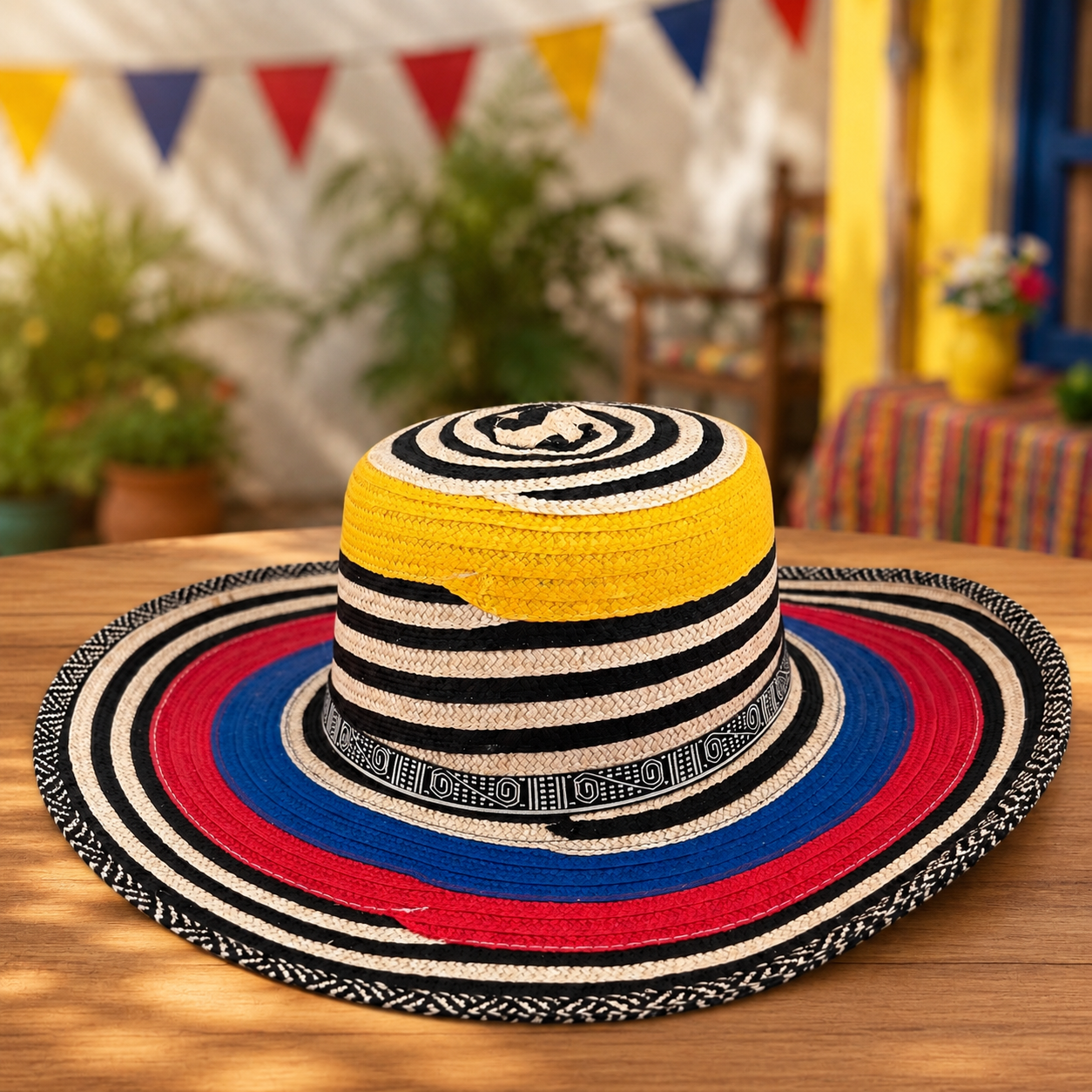 Colombian Sombrero Vueltiao Style Hat – Synthetic Material – Red, Blue, Yellow & Black