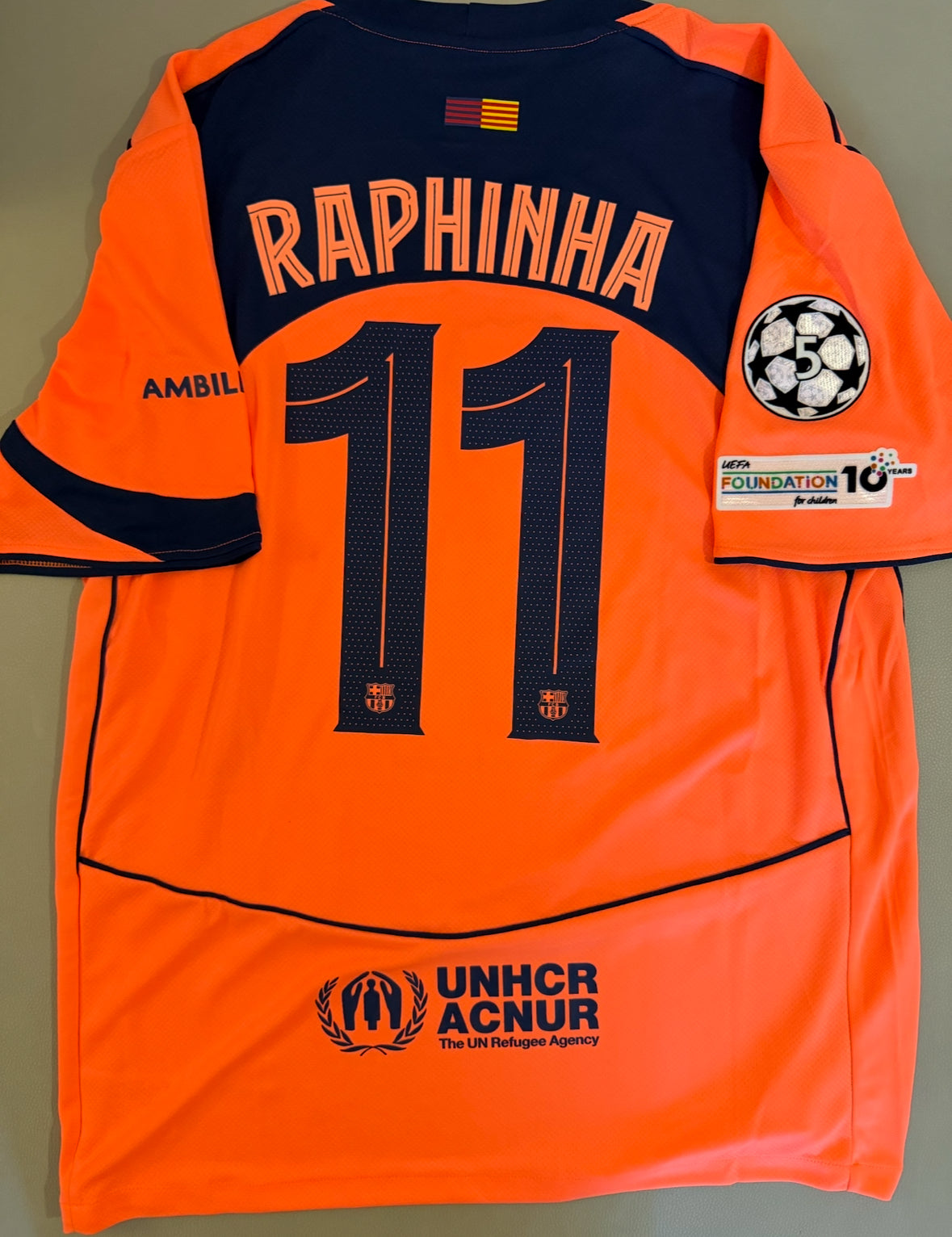 Raphina orange barcelona third kit kids set with short soccer jersey